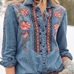 Avani Del Amour Blue Chambey Button Down Shirt S Floral Embroidery Boho Chic